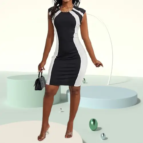 Front and back view of a woman wearing a black and white colorblock bodycon dress with a metallic back zipper and back slit.
