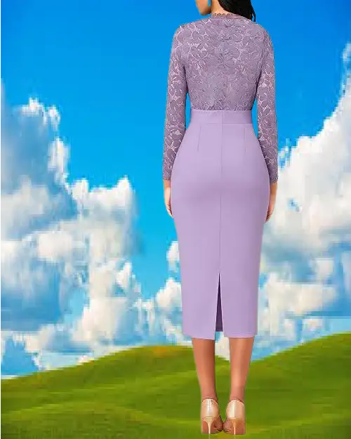 A woman modeling an elegant purple long-sleeve midi dress featuring a lace bodice and a sleek, form-fitting skirt.