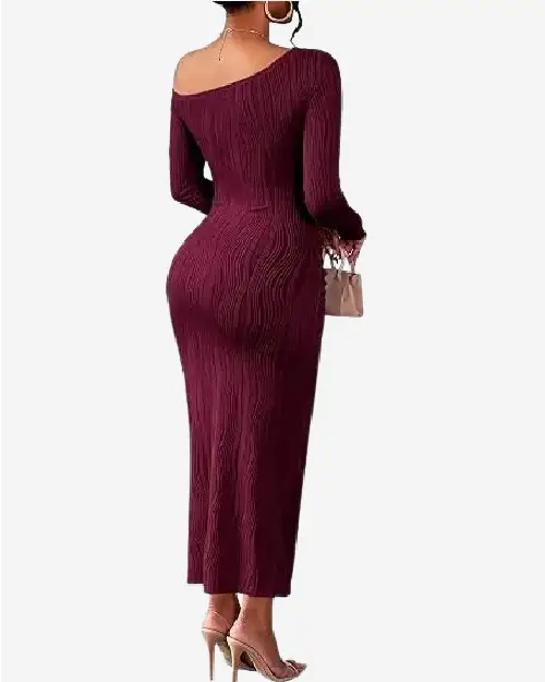 A woman modeling an elegant, form-fitting burgundy off-shoulder long-sleeve maxi dress with a textured fabric finish.