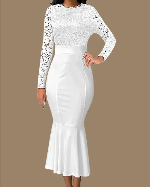 A woman modeling an elegant white long-sleeve lace bodice dress with a sleek, form-fitting mermaid skirt.