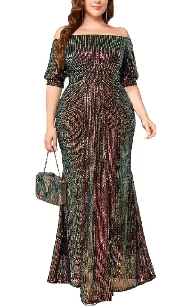 A plus-size model wearing a shimmering, multi-colored sequin mermaid evening gown featuring an off-shoulder neckline and puff sleeves.