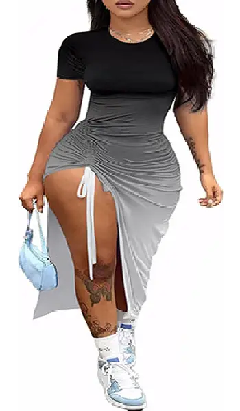 Woman wearing a short sleeve crew neck maxi dress featuring a dark black to grey and white gradient transition, complete with a side drawstring high slit.