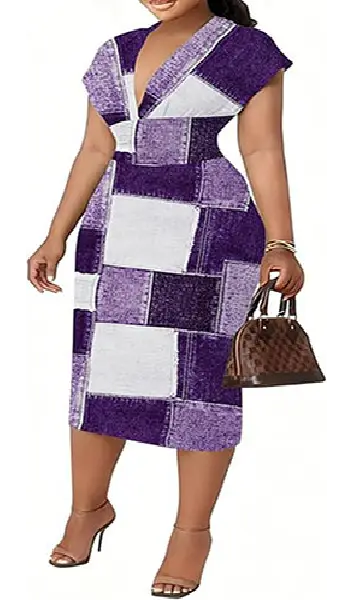 Woman wearing a purple and white patchwork printed bodycon midi dress featuring a deep V-neckline, cap sleeves, and a fitted sheath silhouette.