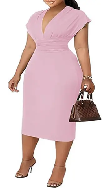 Woman wearing a pink cap-sleeve bodycon midi dress with a deep V-neckline and pleated waist detailing.
