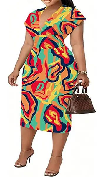 Woman wearing a vibrant multi-colored abstract printed bodycon midi dress featuring a deep V-neckline, cap sleeves, and a high ruched waist.