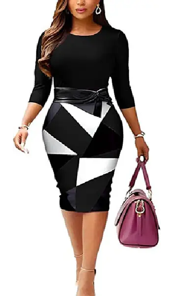 Woman wearing a three-quarter sleeve midi pencil dress featuring a geometric color-blocked pattern in shades of brown, beige, and black.