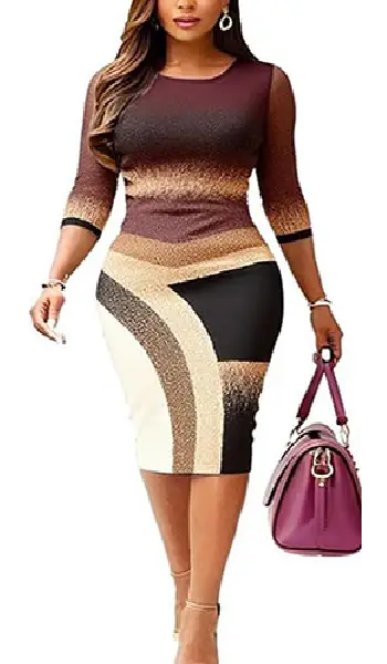 Woman wearing a three-quarter sleeve midi pencil dress featuring a geometric color-blocked pattern in shades of brown, beige, and black.