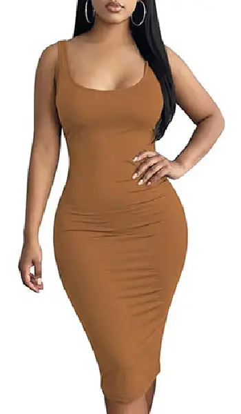 Woman wearing a sage green sleeveless scoop neck midi tank dress with a fitted, curve-hugging silhouette.