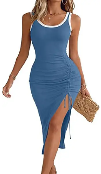 Woman wearing a vibrant purple sleeveless square neck midi dress with a ruched bodycon fit, back zipper, and an irregular ruffled hem featuring a high-slit effect.