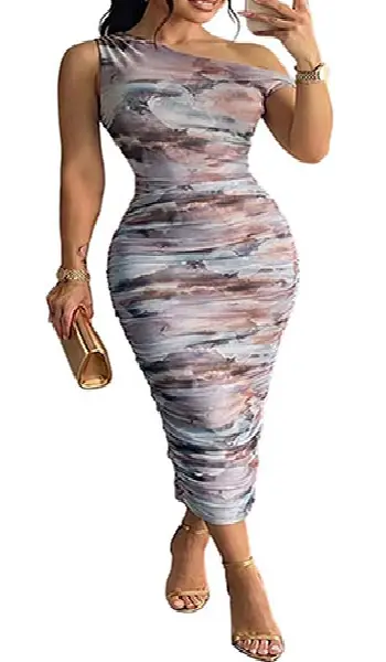 Woman wearing an asymmetrical one-shoulder midi dress featuring an artistic pink-grey watercolor tie-dye print and all-over multi-directional ruched pleats.
