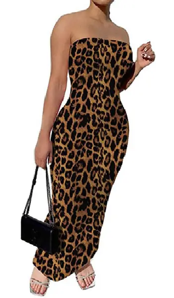 Woman wearing a strapless tube-style leopard print maxi dress with a slim-fitting silhouette.