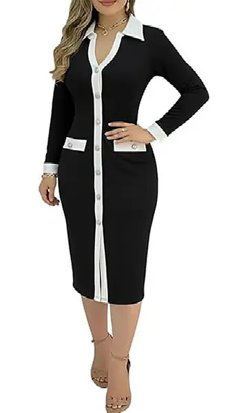 Woman wearing a black long-sleeve maxi dress with white contrast lapel collar, cuffs, front paneled trim, decorative pearl buttons, and pocket flaps.