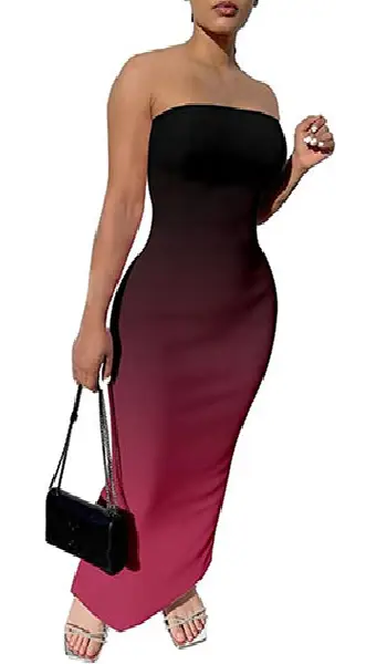 Woman wearing a strapless ankle-length bodycon tube dress featuring a dark black to burgundy and pink gradient color transition.