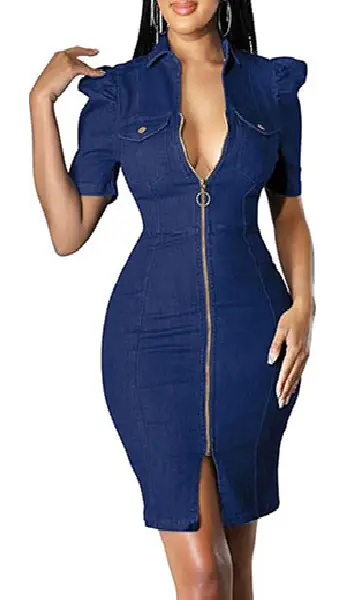 Woman wearing a blue denim bodycon dress featuring short puff sleeves, a collar, front chest pockets, a full-length ring zipper down the front, and a bottom front slit.