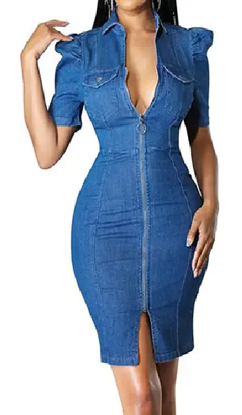 Woman wearing a blue denim bodycon dress featuring short puff sleeves, a collar, front chest pockets, a full-length ring zipper down the front, and a bottom front slit.
