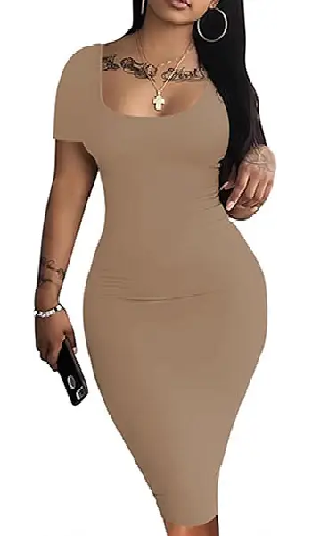 Woman wearing a sage green sleeveless scoop neck midi tank dress with a fitted, curve-hugging silhouette.