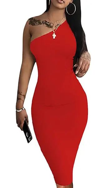 Woman wearing a sleek one-shoulder lavender midi bodycon dress with a figure-hugging pencil silhouette.