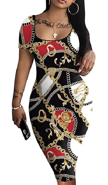 Woman wearing a short-sleeve U-neck bodycon midi dress featuring an elaborate black, red, white, and gold baroque chain and rope pattern.