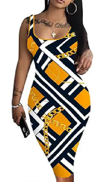 Woman wearing a three-quarter sleeve midi pencil dress featuring a geometric color-blocked pattern in shades of brown, beige, and black.