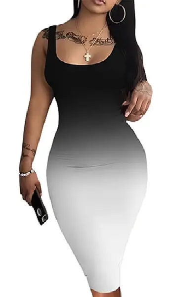 Woman wearing a sleeveless scoop-neck bodycon dress with a black-to-white gradient design transitioning from dark at the top to light at the hem.