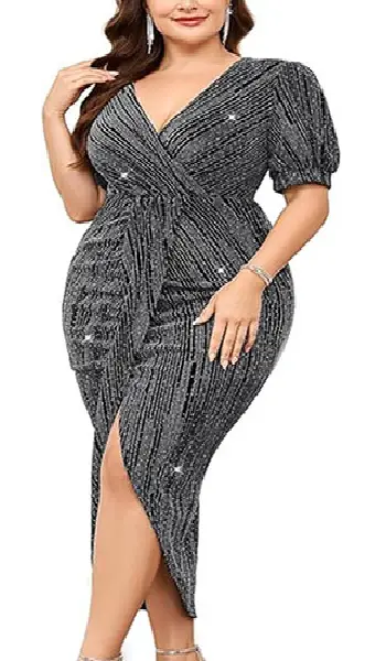 Woman wearing a plus-size black and gold metallic glitter midi dress featuring a faux-wrap V-neck, short puff sleeves, front ruched draping, and a high-low tulip hem with a slit.