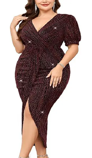 Woman wearing a plus-size black and gold metallic glitter midi dress featuring a faux-wrap V-neck, short puff sleeves, front ruched draping, and a high-low tulip hem with a slit.