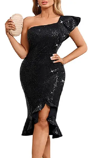 Woman wearing a black one-shoulder sequin midi dress featuring a voluminous ruffle overlay on the shoulder and an asymmetric ruffled hemline with a slit.