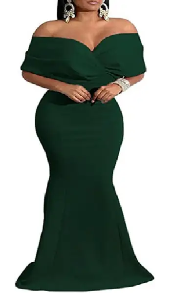 Woman wearing a dark green off-the-shoulder floor-length formal evening gown featuring a wrapped bodice and a mermaid silhouette.