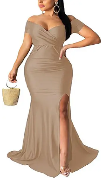 Woman wearing a beige off-the-shoulder bodycon long mermaid dress featuring a wrap-style sweetheart neckline and a high front leg slit.Woman wearing a beige off-the-shoulder bodycon long mermaid dress featuring a wrap-style sweetheart neckline and a high front leg slit.
