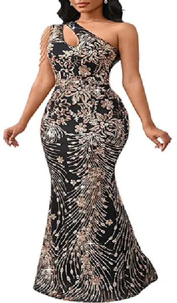Woman wearing a burgundy one-shoulder maxi dress covered in sequins with a shoulder cutout, hanging tassels, and a gradient gold hem design.