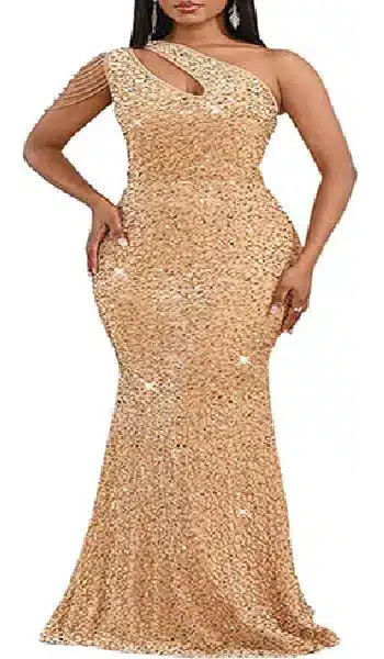 Woman wearing a burgundy one-shoulder maxi dress covered in sequins with a shoulder cutout, hanging tassels, and a gradient gold hem design.
