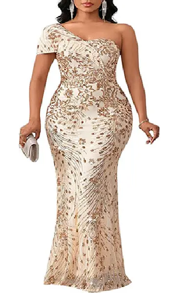 Woman wearing a burgundy one-shoulder maxi dress covered in sequins with a shoulder cutout, hanging tassels, and a gradient gold hem design.