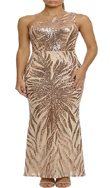 Woman wearing a beige and rose gold one-shoulder maxi dress covered in a sparkling sequin leaf and feather pattern.