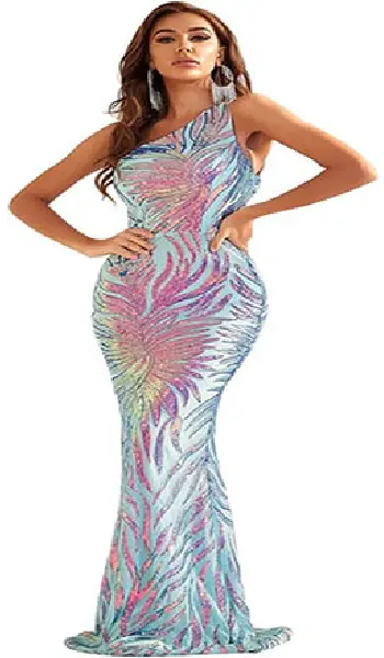 Woman wearing a light blue one-shoulder floor-length gown covered in vibrant, multicolored sparkly sequin feather patterns.