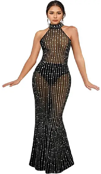 Woman wearing a light blue one-shoulder floor-length gown covered in vibrant, multicolored sparkly sequin feather patterns.