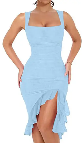 Woman wearing a vibrant purple sleeveless square neck midi dress with a ruched bodycon fit, back zipper, and an irregular ruffled hem featuring a high-slit effect.