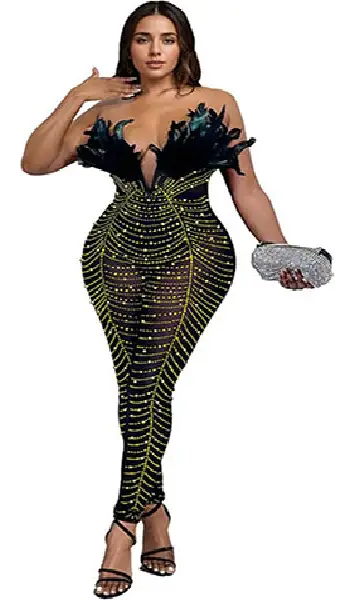 Woman wearing a black sheer mesh long jumpsuit embellished with yellow rhinestone lines and dark feather trim along the sweetheart neckline.