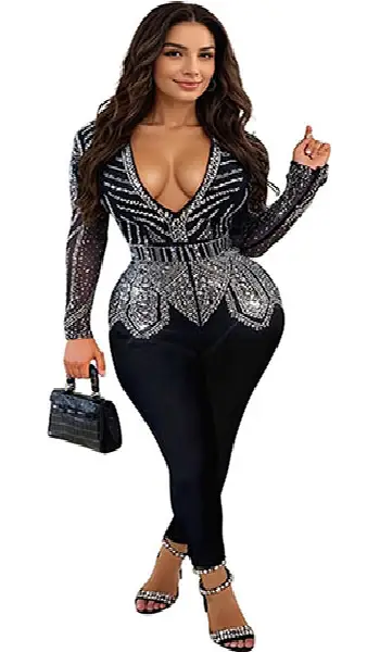 Woman wearing a black long-sleeve deep V-neck jumpsuit featuring intricate hot drill rhinestone patterns on the bodice, waist, and hips.