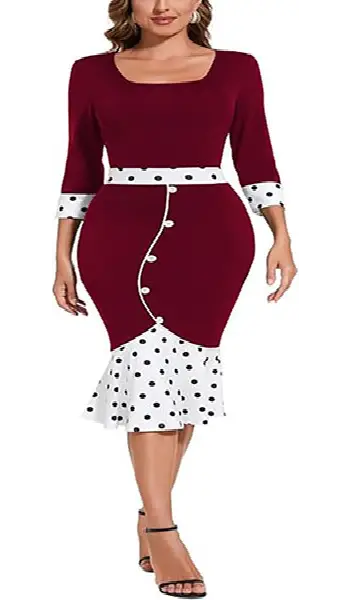 Woman wearing a burgundy long-sleeve office midi pencil dress featuring white polka dot patchwork on the cuffs, waistband, and fishtail hem, with a U-neckline and decorative button detail.