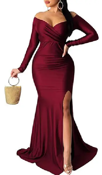 Woman wearing a beige off-the-shoulder bodycon long mermaid dress featuring a wrap-style sweetheart neckline and a high front leg slit.