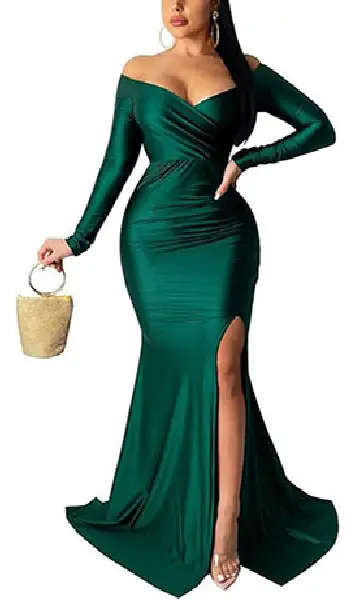 Woman wearing a beige off-the-shoulder bodycon long mermaid dress featuring a wrap-style sweetheart neckline and a high front leg slit.