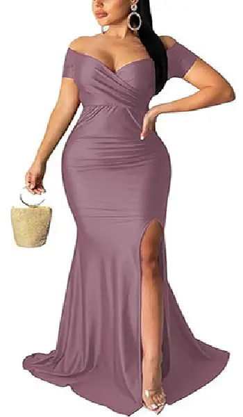 Woman wearing a beige off-the-shoulder bodycon long mermaid dress featuring a wrap-style sweetheart neckline and a high front leg slit.Woman wearing a beige off-the-shoulder bodycon long mermaid dress featuring a wrap-style sweetheart neckline and a high front leg slit.