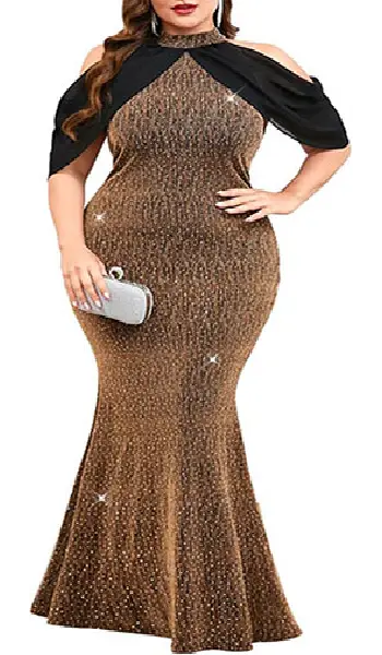 Plus size woman wearing a sparkly lavender halter neck maxi dress featuring chiffon cold-shoulder cape sleeves and a bodycon fishtail silhouette.