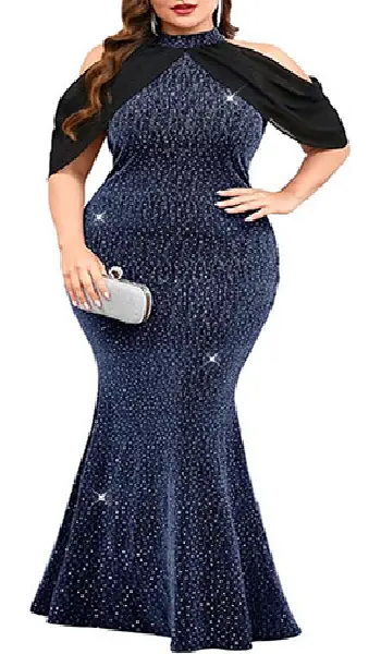 Plus size woman wearing a sparkly lavender halter neck maxi dress featuring chiffon cold-shoulder cape sleeves and a bodycon fishtail silhouette.