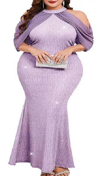 Plus size woman wearing a sparkly lavender halter neck maxi dress featuring chiffon cold-shoulder cape sleeves and a bodycon fishtail silhouette.