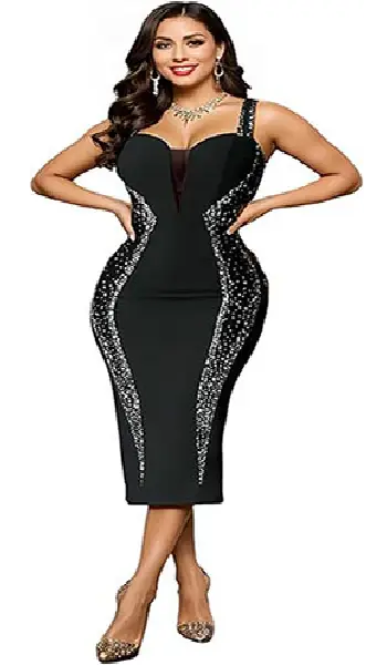 Woman wearing a black bodycon midi dress featuring sparkling rhinestone and sequin embellishments along the sides and a sleeveless sweetheart neckline.