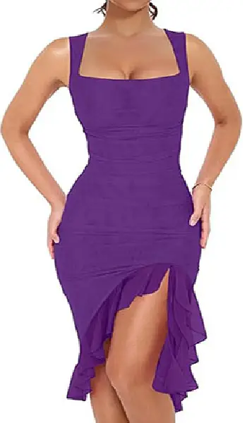 Woman wearing a vibrant purple sleeveless square neck midi dress with a ruched bodycon fit, back zipper, and an irregular ruffled hem featuring a high-slit effect.