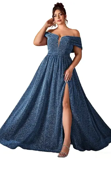 A model wearing a navy blue, floor-length plus-size gown featuring an off-the-shoulder neckline, a deep V-cut with see-through mesh, and a high-slit A-line skirt.