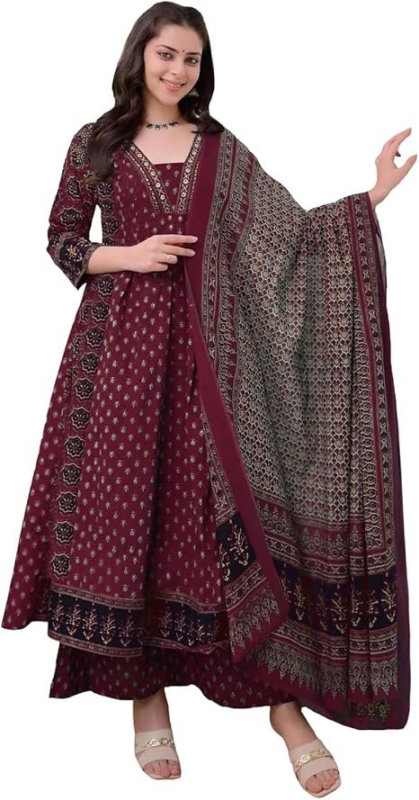 Maroon rayon viscose printed anarkali kurta palazzo set with matching printed cotton dupatta