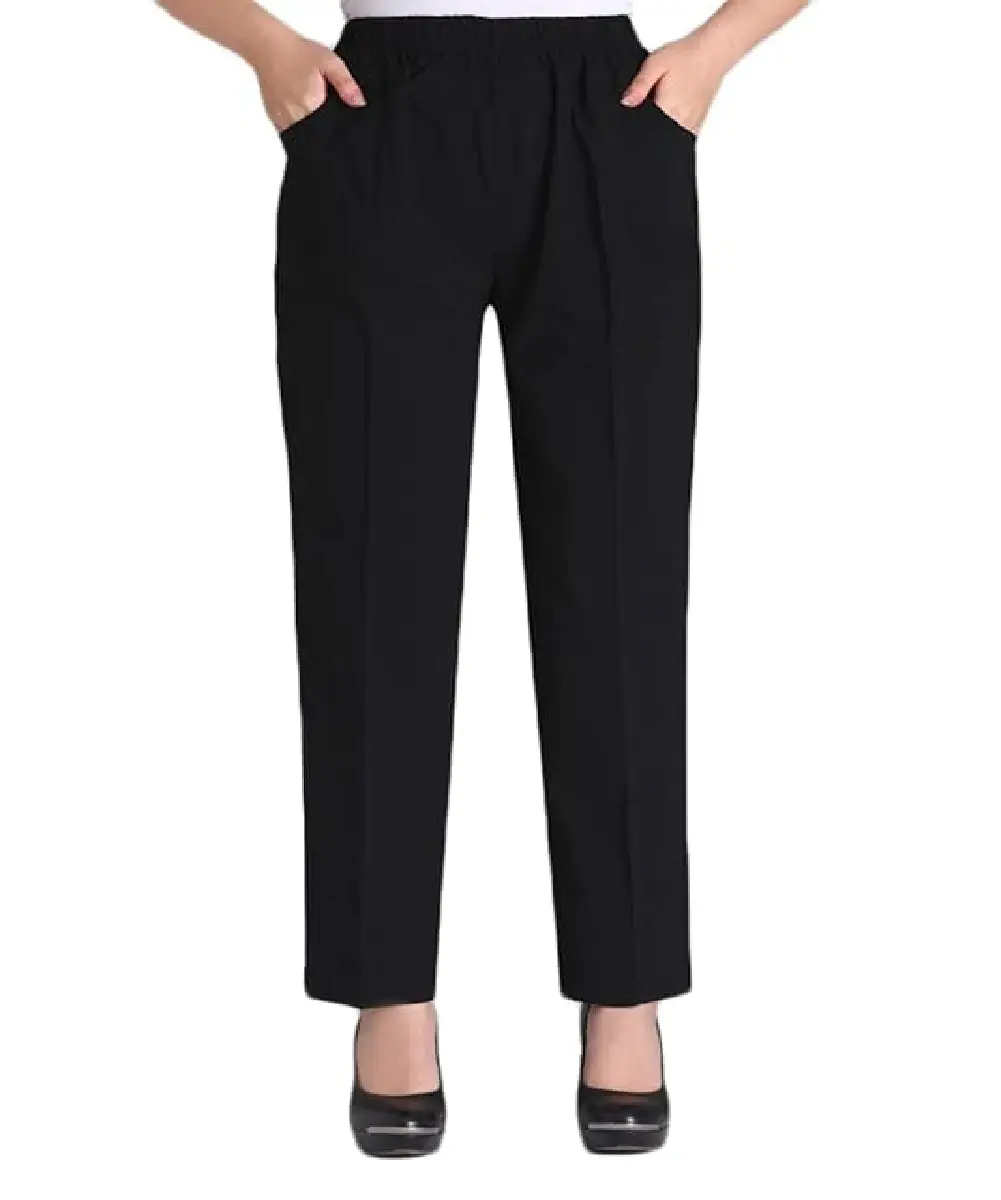 A pair of solid black, high-waisted women's trousers with a straight-fit silhouette and elastic waistband.